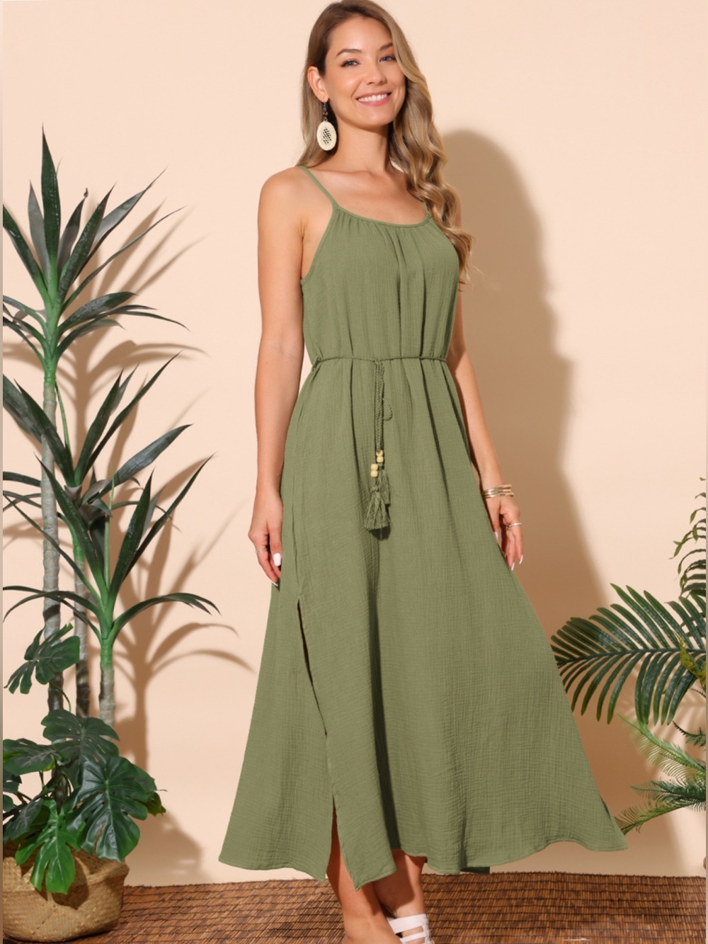 Cotton Texture Maxi Sundress with Tassel Waist Tie • NWT • 21" p2p, 51" length